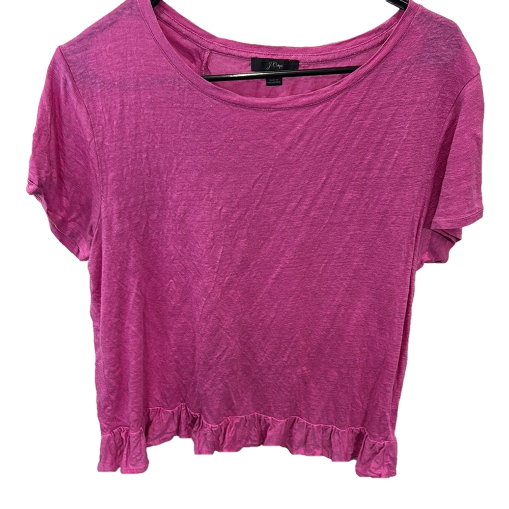 J. Crew Pink Fuchsia Short Sleeve Sweater‎ Ruffle Back Detail Women's Large